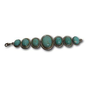 Vintage Silver Tone & Faux Turquoise Toggle Bracelet 7”